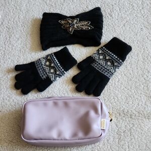 Black and Gray Gloves with Embellished Headband and Lavender Pouch Travel BUNDLE